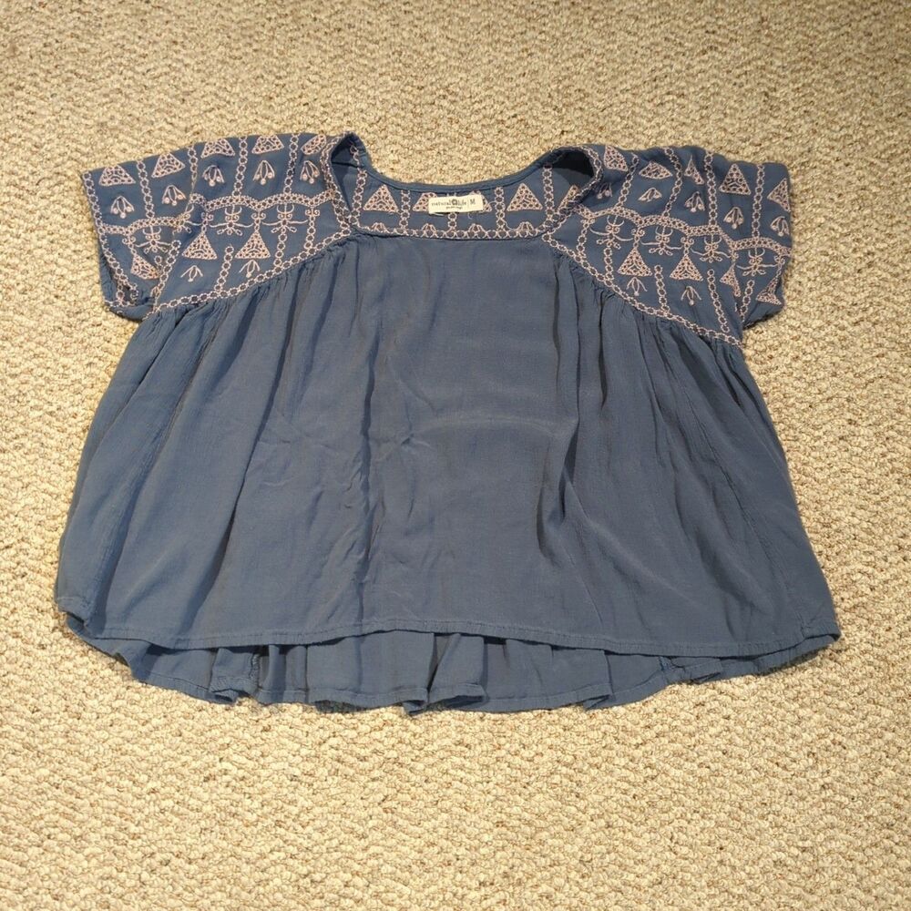 NATURAL LIFE Blue Boho Embroidered Short Sleeve Blouse